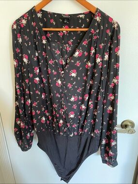 torrid Black Floral Bodysuit with Pink and Cream Flowers